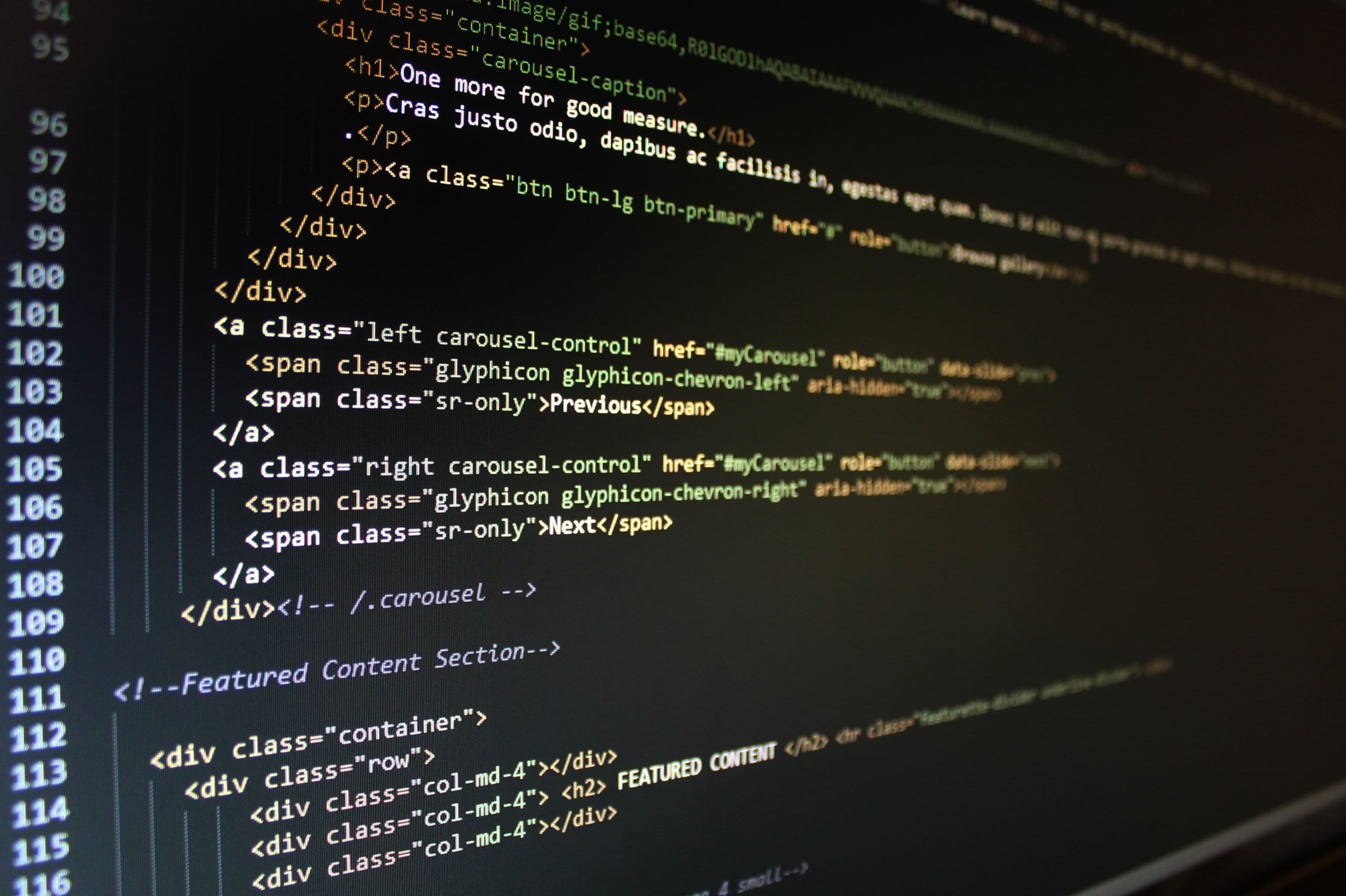 Code editor displaying colorful syntax highlighting for web development